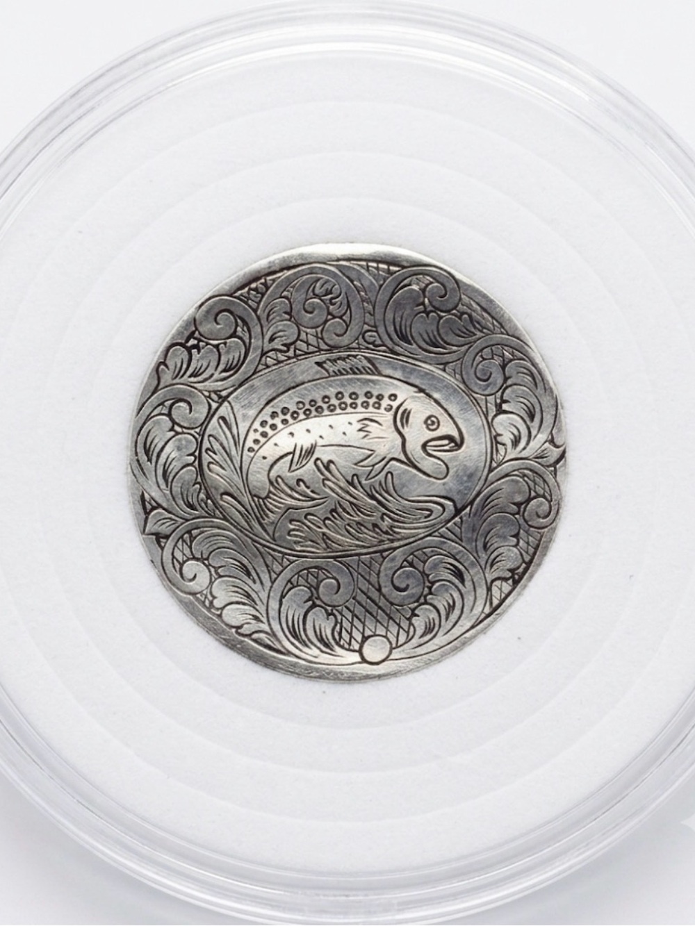 HOBO NICKEL Hand-Carved on a Buffalo Nickel • Fish Out of Water in Capsule